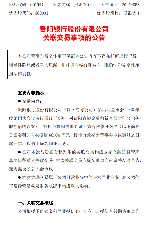 贵阳银行：拟授予贵银金租同业授信 68.84亿元，有效期一年